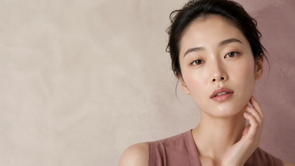 아이보리와 말린 장미빛 배경 앞에서 차분히 시선을 마주하는 성인 여성 모델
